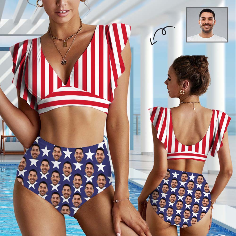 Custom Face American Flag Women Ruffle High Waisted Flounce Bikini Set