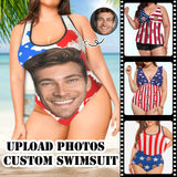 #Plus-Size American Flag Style One Piece Boat Trip Beach Cruise Custom Face American Flag Swimsuit Personalized Tankini Bathing Suit For Women 2 Piece Swmsuit