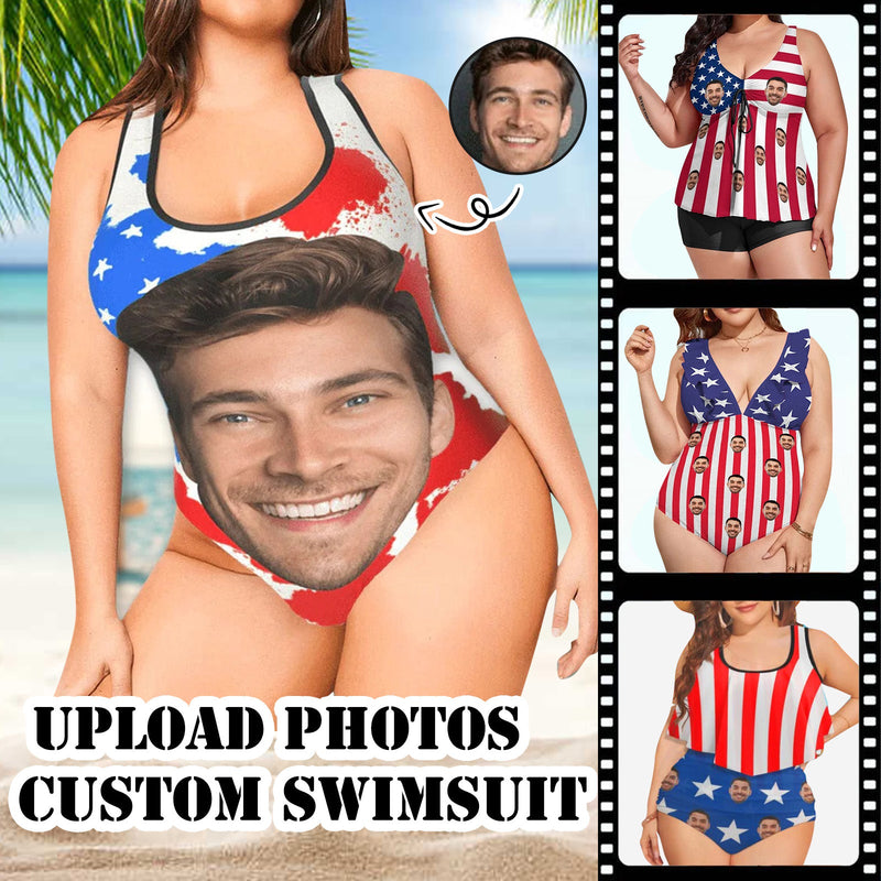 #Plus-Size American Flag Style One Piece Boat Trip Beach Cruise Custom Face American Flag Swimsuit Personalized Tankini Bathing Suit For Women 2 Piece Swmsuit