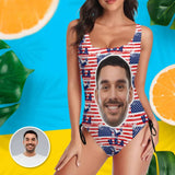 Custom Face American Flag Swimsuit Personalized Women's New Drawstring Side One Piece Bathing Suits Celebrate Holiday Party