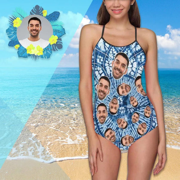 Custom Face Blue Women's Slip One Piece Swimsuit