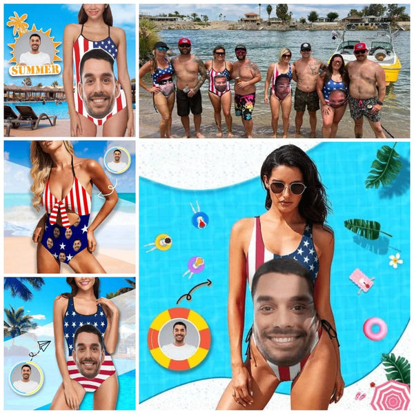 Custom Face Bathing Swimsuit American Flag Personalized Face Tank