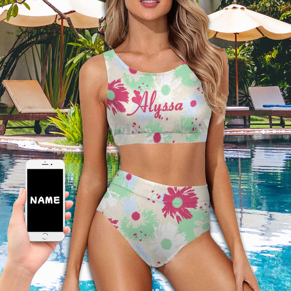 Custom Name Flower High Crew Neck High Waisted Bikini Personalized Women's Two Piece Swimsuit Beach Outfits