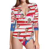 Custom Face Flag Half Sleeve One Piece Swimsuit Personalized Face On Flag Half Sleeve Bikini