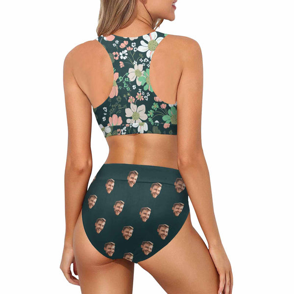 Custom Face Flower High Waisted Bikini Personalized Women's Two Piece Swimsuit Beach Outfits