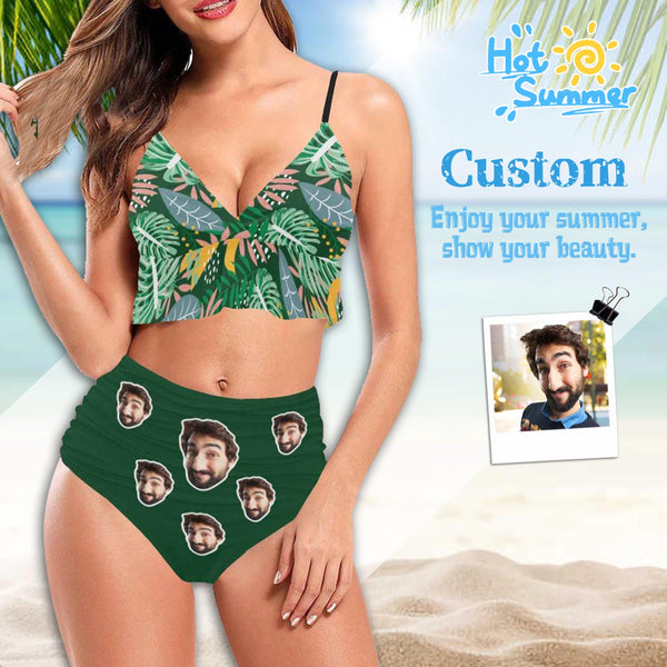 Custom Green Tropic Ruffle Hem Bikini Swimsuit Personalized Face Women's Swimwear Bikini Swimsuit Beach Travel Boat Cruise Pool Party Outfits