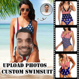 Custom Face American Flag Swimsuit Personalized Women's One Piece Bathing Suit Celebrate Holiday