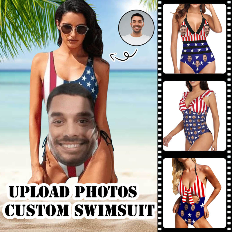 Custom Face American Flag Swimsuit Personalized Women's One Piece Bathing Suit Celebrate Holiday