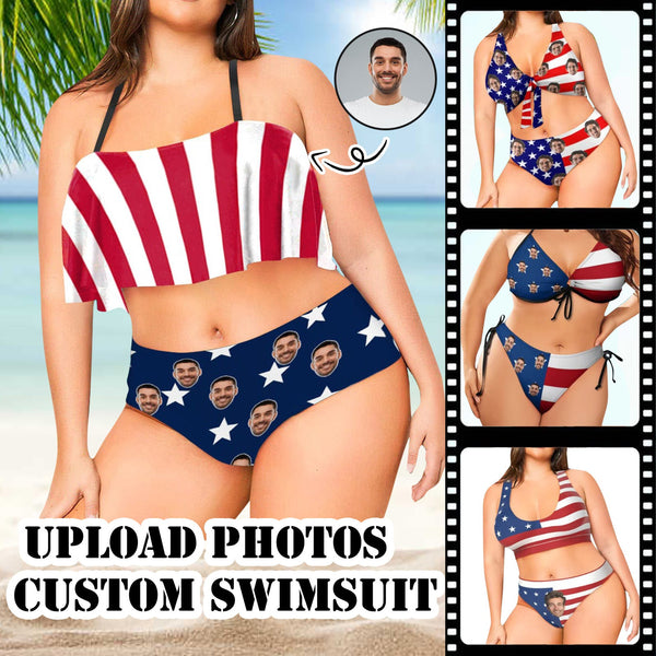 #Plus-Size American Flag Style Bikini Boat Trip Beach Cruise Custom Face American Flag Swimsuit Personalized Bikini Bathing Suit For Women