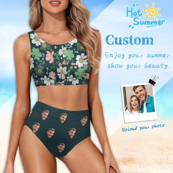 Custom Face Flower High Waisted Bikini Personalized Women's Two Piece Swimsuit Beach Outfits