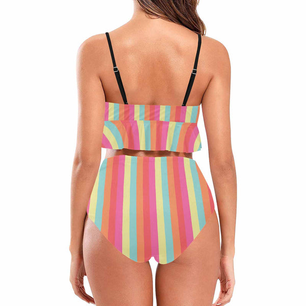 Custom Colorful Stripes Ruffle Hem Bikini Swimsuit Personalized Face Women's Swimwear Bikini Swimsuit Beach Travel Boat Cruise Pool Party Outfits