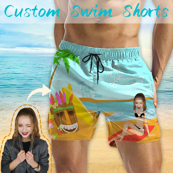 Personalized Swim Trunks Custom Swimming Trunks with Face All Men's Quick Dry Swim Shorts Men's Print Swimwear Design Beach Swimsuit with Girlfriend's Face for Vacation