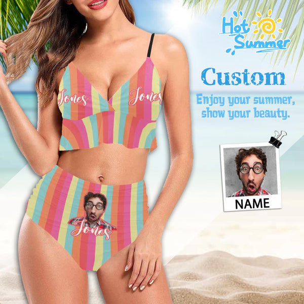 Custom Colorful Stripes Ruffle Hem Bikini Swimsuit Personalized Face Women's Swimwear Bikini Swimsuit Beach Travel Boat Cruise Pool Party Outfits