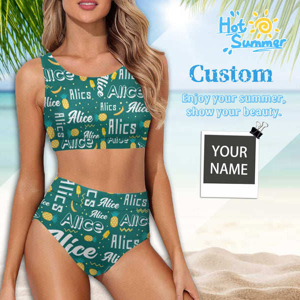 Custom Name Pineapple High Crew Neck High Waisted Bikini Personalized Women's Two Piece Swimsuit Beach Outfits