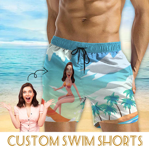 Personalized Swim Trunks Custom Swimming Trunks with Face All Men's Quick Dry Swim Shorts Men's Print Swimwear Design Beach Swimsuit with Girlfriend's Face for Vacation