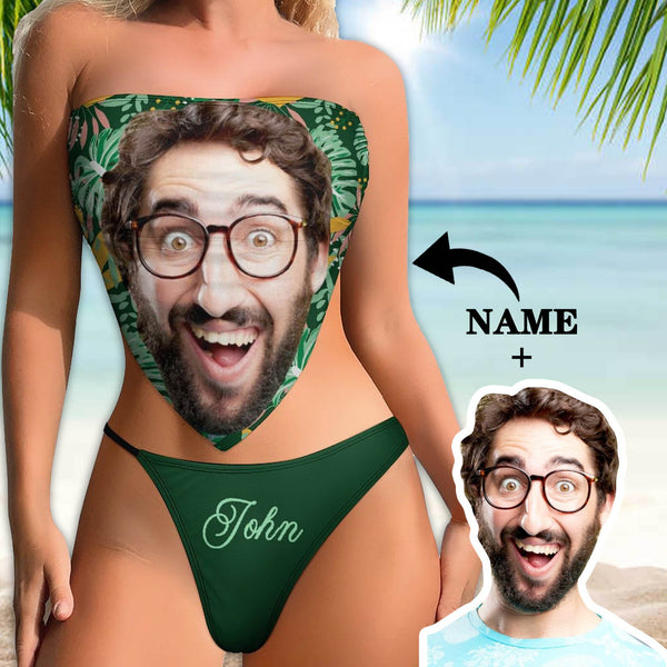 Custom Face&Name Green Tropical Print Low Waisted Swimsuit Bellyband Strap Self Tie Bikini