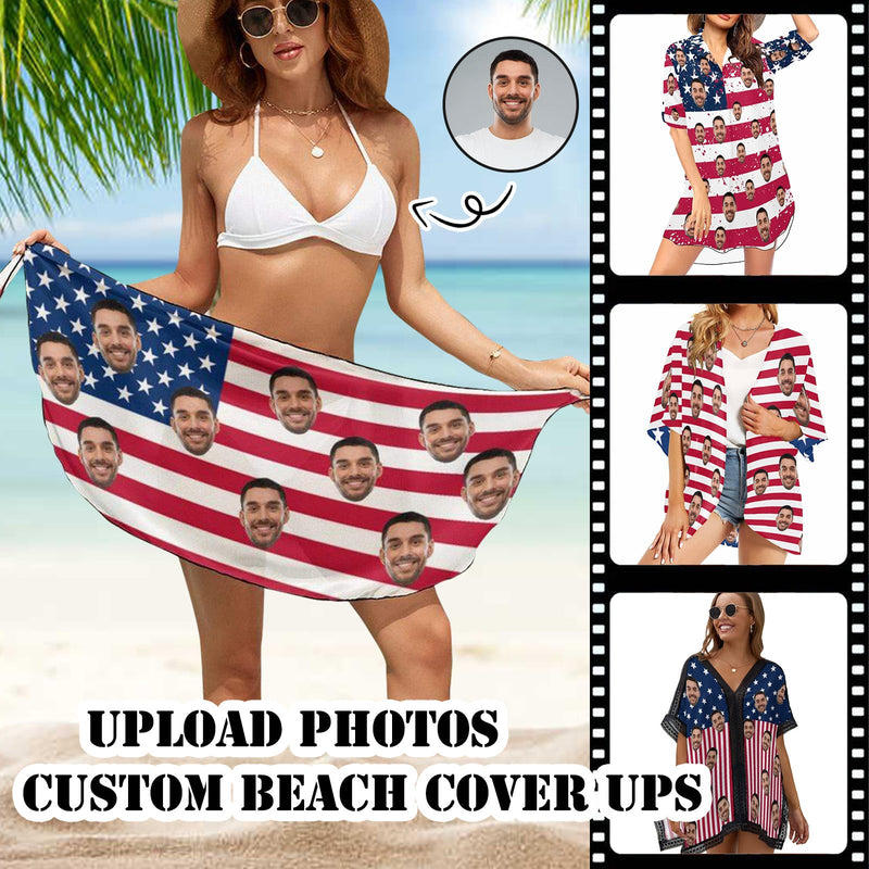 American Flag Style Custom Face USA Flag Women's Bikini Swimsuit Cover Up