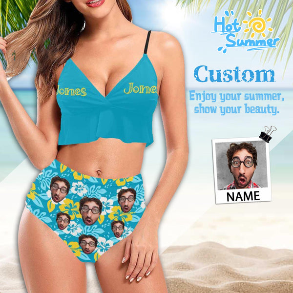 Custom Blue Hawaii Ruffle Hem Bikini Swimsuit Personalized Face Women's Swimwear Bikini Swimsuit Beach Travel Boat Cruise Pool Party Outfits