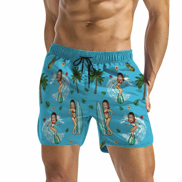 Personalized Swim Trunks Custom Swimming Trunks with Face All Men's Quick Dry Swim Shorts Men's Print Swimwear Design Beach Swimsuit with Girlfriend's Face for Vacation