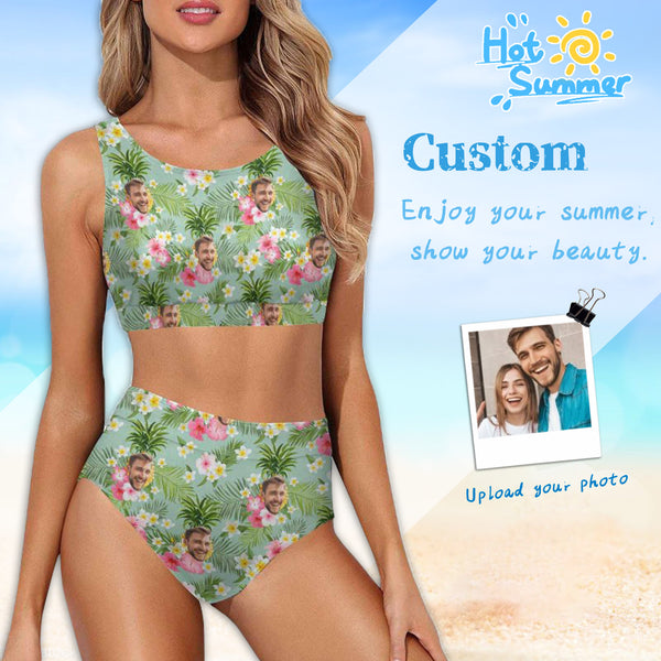 Custom Face Flowers High Crew Neck High Waisted Bikini Personalized Women's Two Piece Swimsuit Beach Outfits