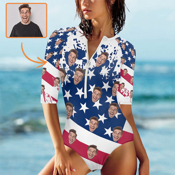 Custom Flag Face Half Sleeve One Piece Swimsuit Personalized Flag Face Half Sleeve Bikini