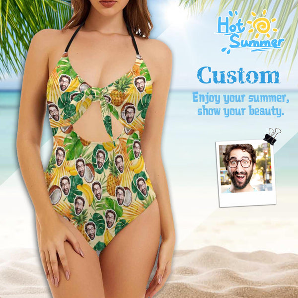 Custom Coconut Pineapple Yellow Tropical Face Swimsuit Personalized Women's Backless Bow One Piece Bathing Suit Honeymoons For Her