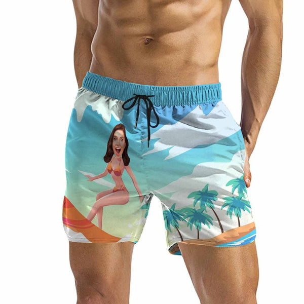 Personalized Swim Trunks Custom Swimming Trunks with Face All Men's Quick Dry Swim Shorts Men's Print Swimwear Design Beach Swimsuit with Girlfriend's Face for Vacation