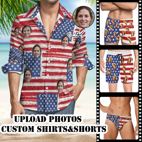 [Special Offer] American Flag Style Custom Hawaiian Shirts Custom Face Stars Stripes Men's Swim Shorts for Holiday