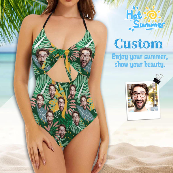 Custom Green Tropical Face Swimsuit Personalized Women's Backless Bow One Piece Bathing Suit Honeymoons For Her