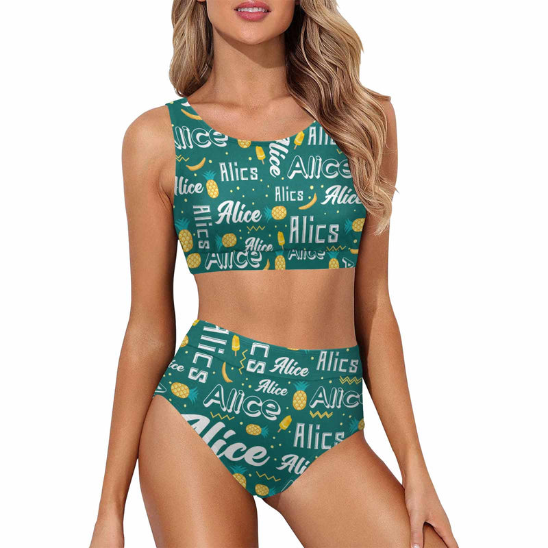 Custom Name Pineapple High Crew Neck High Waisted Bikini Personalized Women's Two Piece Swimsuit Beach Outfits