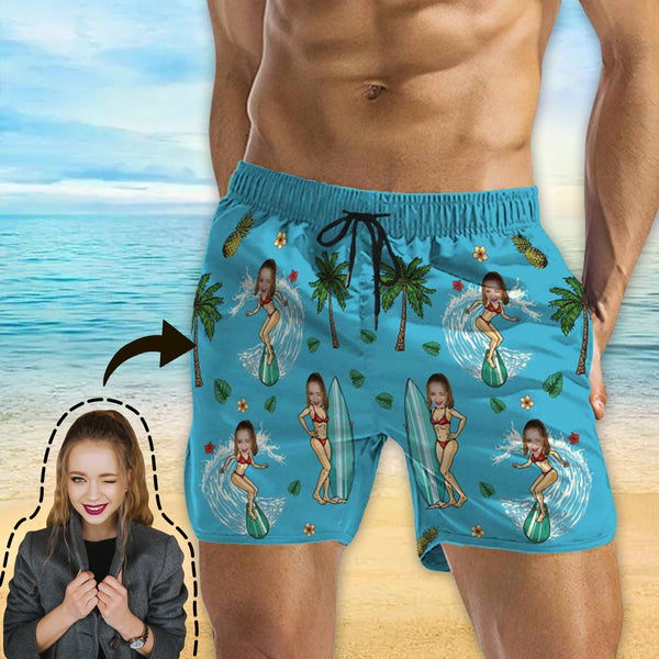 Personalized Swim Trunks Custom Swimming Trunks with Face All Men's Quick Dry Swim Shorts Men's Print Swimwear Design Beach Swimsuit with Girlfriend's Face for Vacation