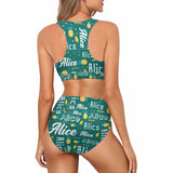 Custom Name Pineapple High Crew Neck High Waisted Bikini Personalized Women's Two Piece Swimsuit Beach Outfits