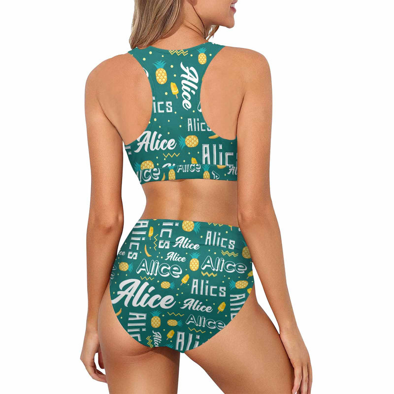 Custom Name Pineapple High Crew Neck High Waisted Bikini Personalized Women's Two Piece Swimsuit Beach Outfits