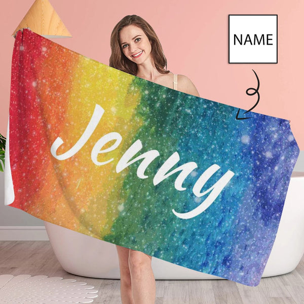 Custom Name Rainbow  Bath Towel 30x56 Beach Towel Kids Towel Pool Towel Camp Towel