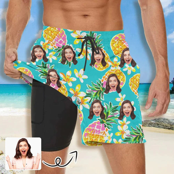 Custom Face Pineapple Couple Matching Women's Tankini Sets&Men's Quick Dry 2 in 1 Beach Shorts