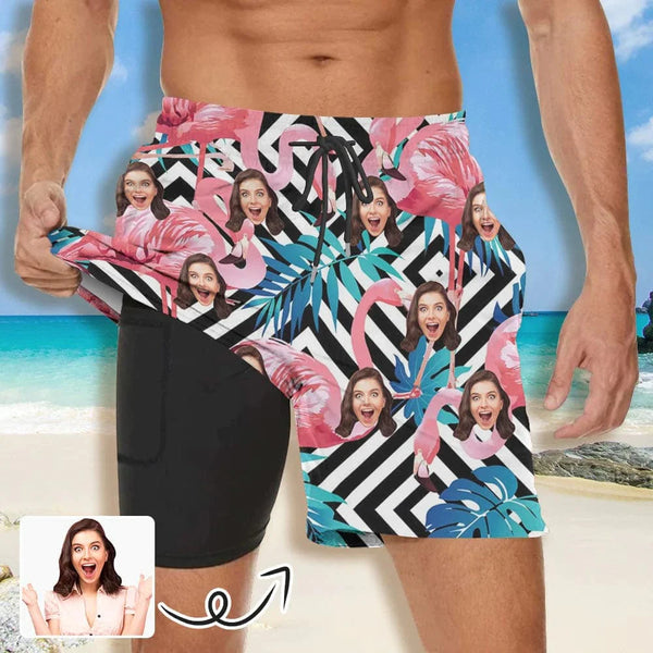 Custom Face Pink Flamingo Couple Matching Women's Tankini Sets&Men's Quick Dry 2 in 1 Beach Shorts