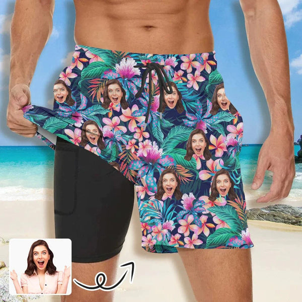 Custom Face Tropical Flower Couple Matching Women's Tankini Sets&Men's Quick Dry 2 in 1 Beach Shorts