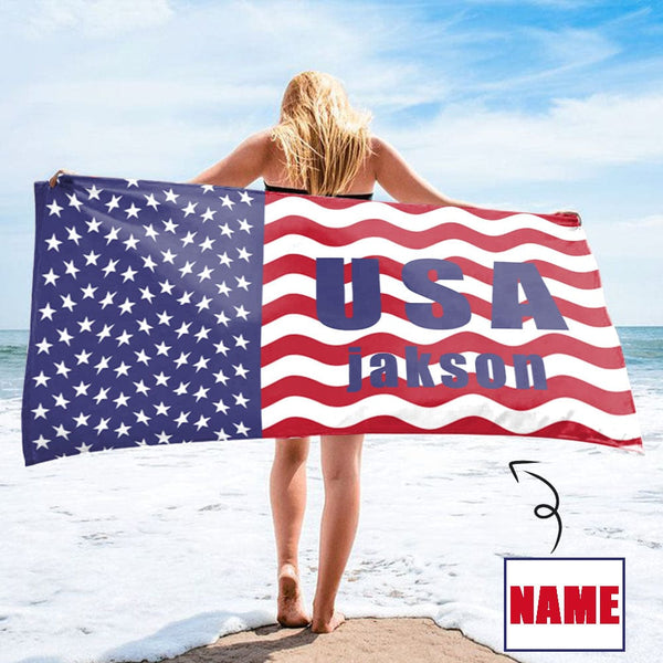 Custom Name USA Flag Wave Beach Towel Quick-Dry, Sand-Free, Super Absorbent, Non-Fading, Beach&Bath Towel Beach Blanket Personalized Beach Towel