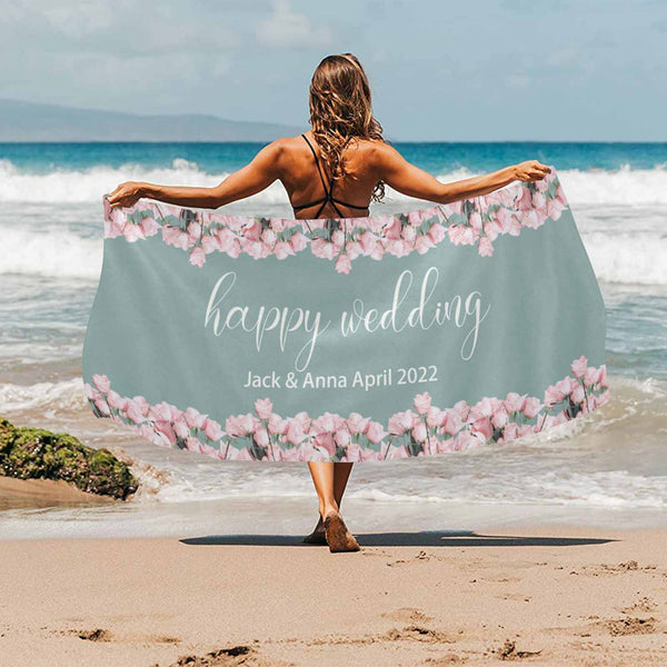 Custom Name&Date Happy Wedding Bride Bridesmaid Beach Towel Quick-Dry, Sand-Free, Super Absorbent, Non-Fading, Beach&Bath Towel Beach Blanket Personalized Beach Wedding And Engagement Gift