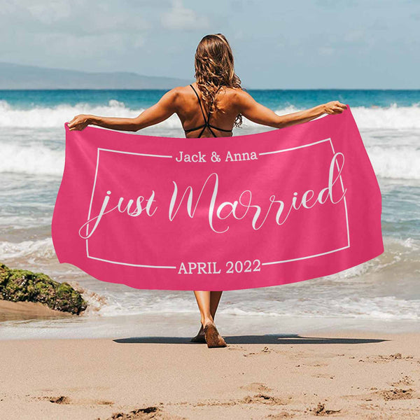 Custom Name&Date Just Married Red Bride Beach Towel Quick-Dry, Sand-Free, Super Absorbent, Non-Fading, Beach&Bath Towel Beach Blanket Personalized Beach Wedding And Engagement Gift