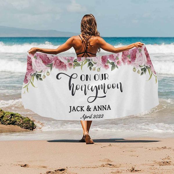 Custom Name&Date On Our Honeymoon Beach Towel Quick-Dry, Sand-Free, Super Absorbent, Non-Fading, Beach&Bath Towel Beach Blanket Personalized Sweet Honeymoon Gift