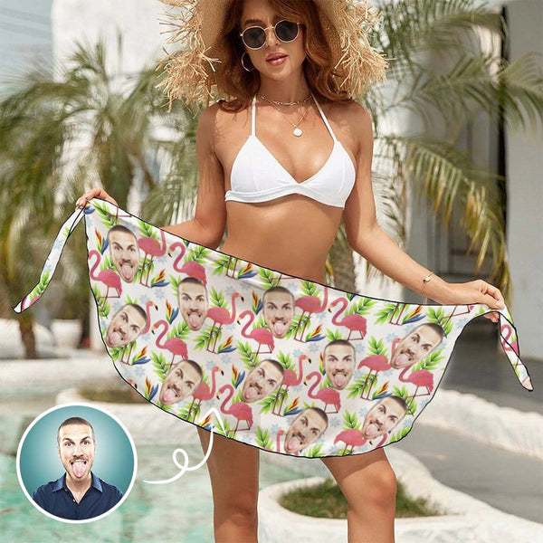 Custom Face Flamingo And Leaves Bikini Cover Up Personalized Women's Beach Wrap For Her