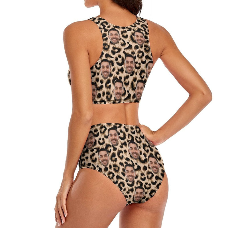 Custom Face Leopard Print Cutout Top High Waisted Bikini Personalized Women's Two Piece Swimsuit Beach Outfits