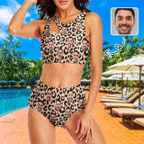 Custom Face Leopard Cutout Top High Waisted Bikini Two Piece Swimsuit