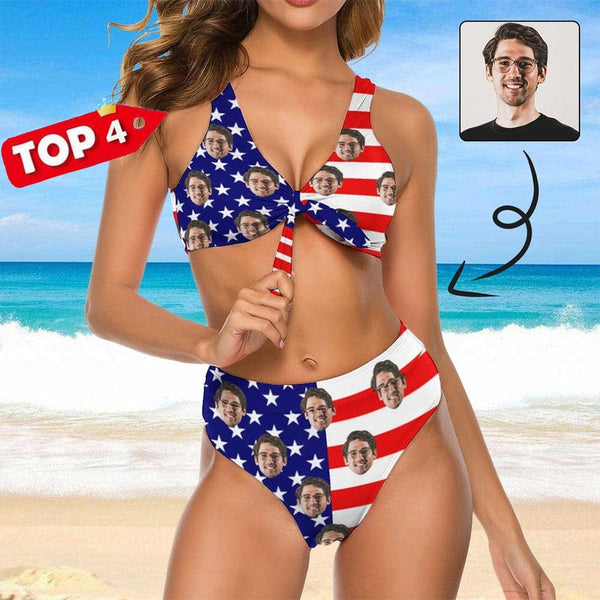 Custom Face American Flag Chest Strap High Waisted Bikini Women's Two Piece Swimsuit Personalized Bathing Suit Summer Beach Pool Outfits