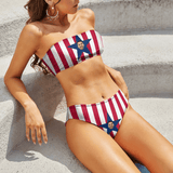 Custom Face American Flag Strapless Bandeau Top Cheeky Bikini Bathing Suit Personalized Women's Two Piece Swimsuit Beach Outfits