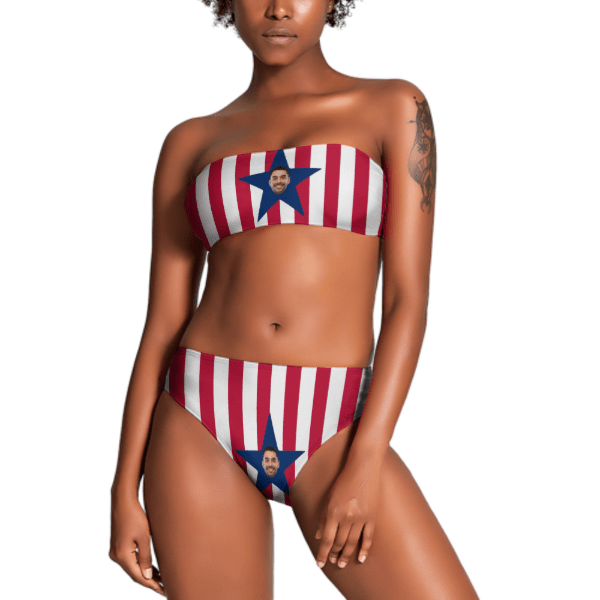 Custom Face American Flag Strapless Bandeau Top Cheeky Bikini Bathing Suit Personalized Women's Two Piece Swimsuit Beach Outfits