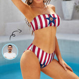 Custom Face American Flag Strapless Bandeau Top Cheeky Bikini Bathing Suit Personalized Women's Two Piece Swimsuit Beach Outfits