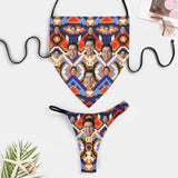 Custom Face Blue Geometric Ethnic Print Style Low Waisted Swimsuit Bellyband Strap Self Tie Bikini