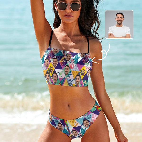 Custom Face Flamingo Diamond Lattice Bathing Suit Women Bikini Swimsuit